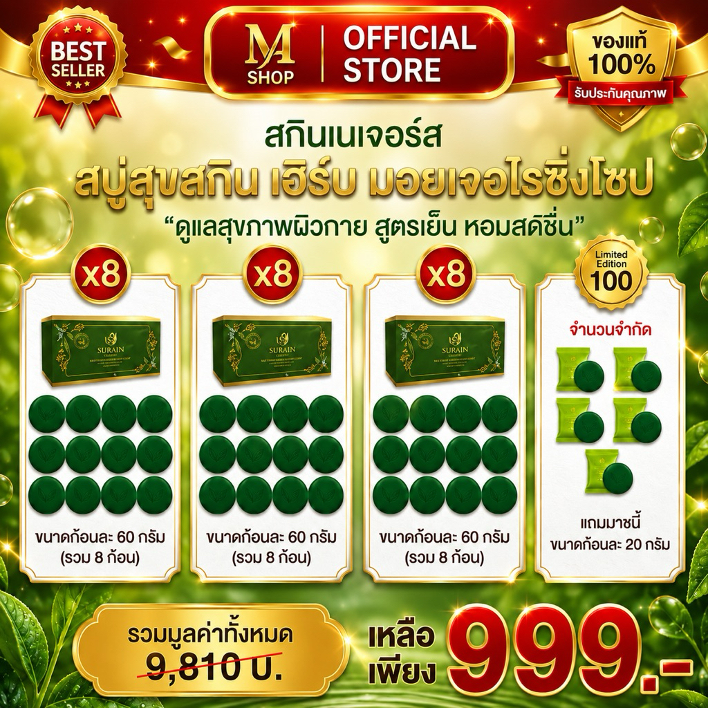สบู่สมุนไพร สูตรเย็น Suk Skin Herbs 3 in 1 แพคละ 8 ก้อน 3แพ็ค แถมฟรี สบู่ก้อนเล็ก 20 กรัม 5 ก้อน ราคา 999 บาท