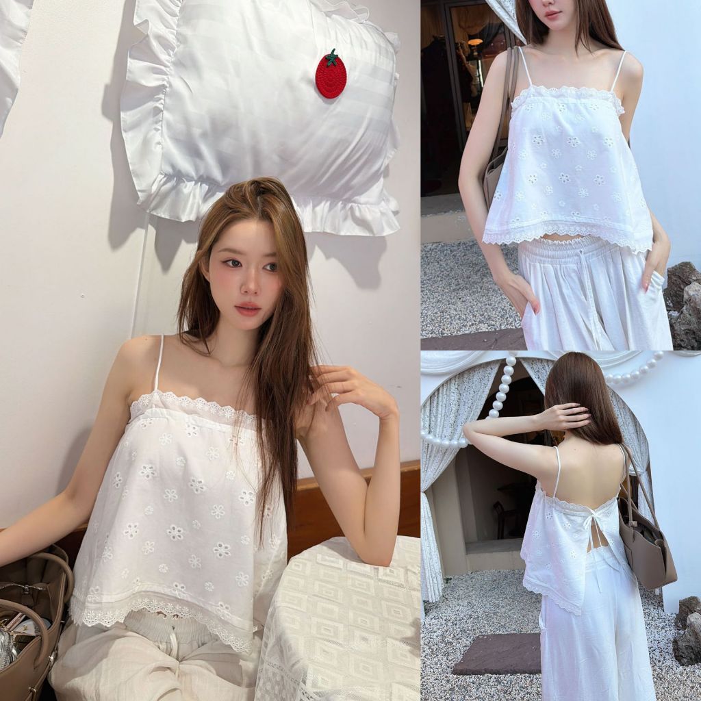 ส่งด่วน 🎀 SLYQ COQUETTE LACE SINGLET TOP เสื้อสายเดี่ยวผูกหลังขาวออฟไวท์
