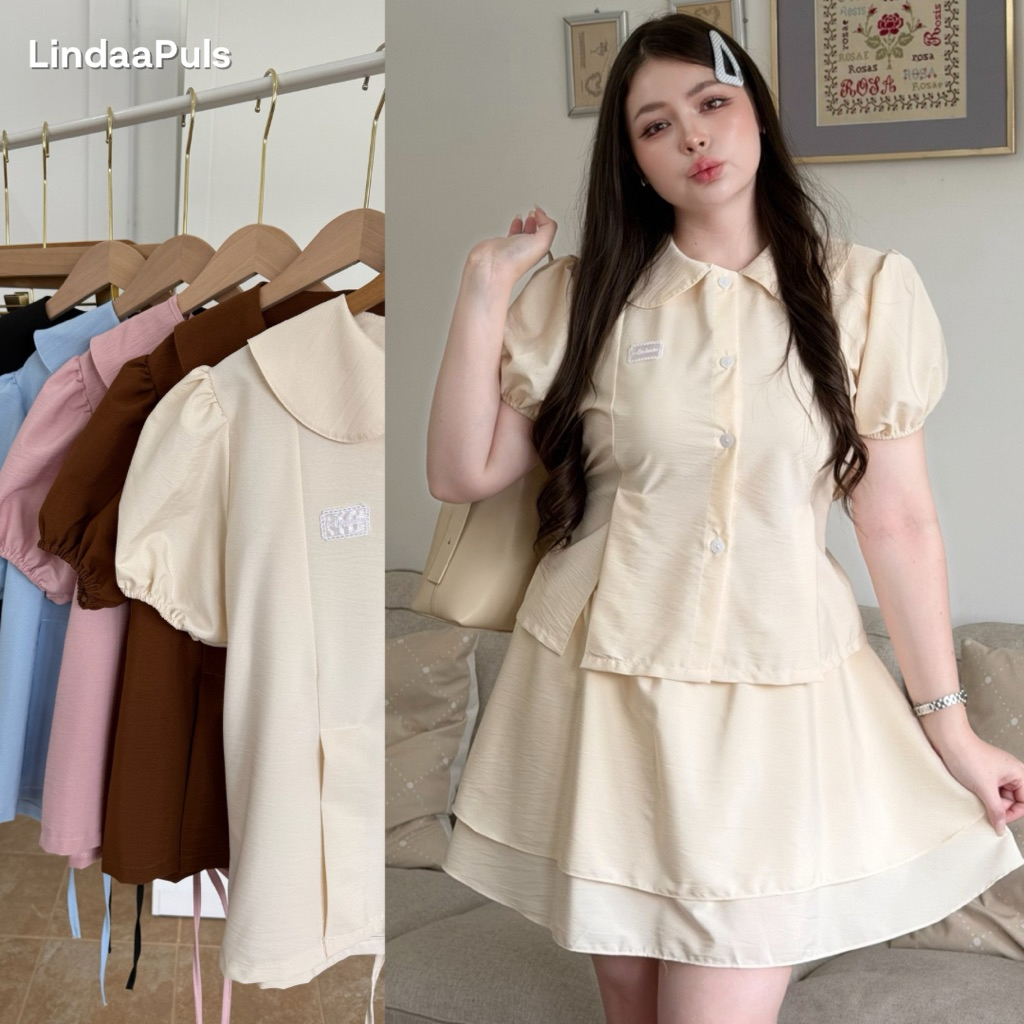 LindaaPlus-- ชุดเซ็ต 2 ชิ้นสาวอวบอ้วน 🎀🍃 เสื้อคอบัว+กระโปรงสั้นแต่งชั้นๆ เสื้อแต่งจีบมีเชือกผูกเอว เข้ารูปสวยมาก