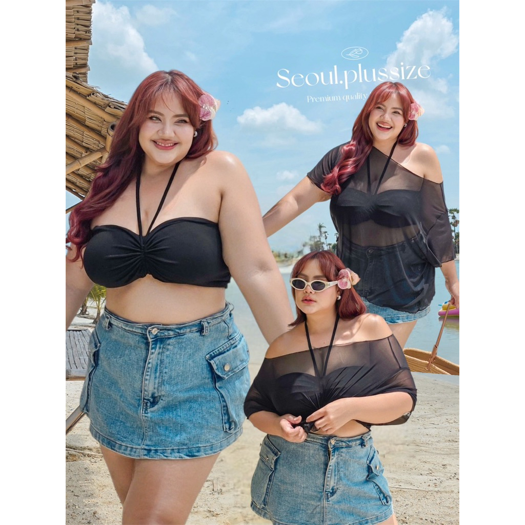 Sexy Summer set ชุดเซ็ตเสื้อเกาะอกผูกคอ+เสื้อคลุมตาข่ายซีทู Bigsize อก 38-68“ (SO)