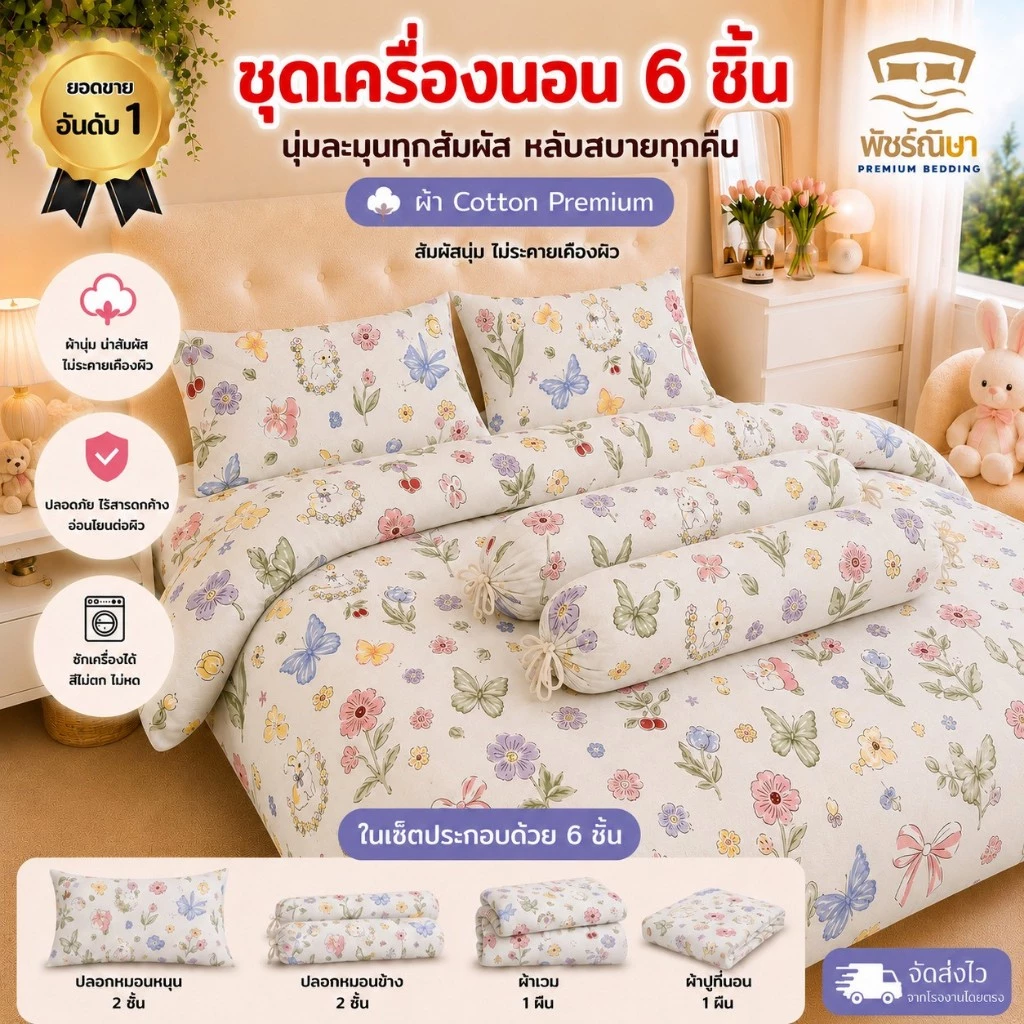 ชุดผ้าปูพร้อมผ้านวม 6 ชิ้น รุ่น Premium โมจิ นุ่มพิเศษ แบรนด์พัชร์ณิษา | 3.5 ฟุต / 5 ฟุต / 6 ฟุต