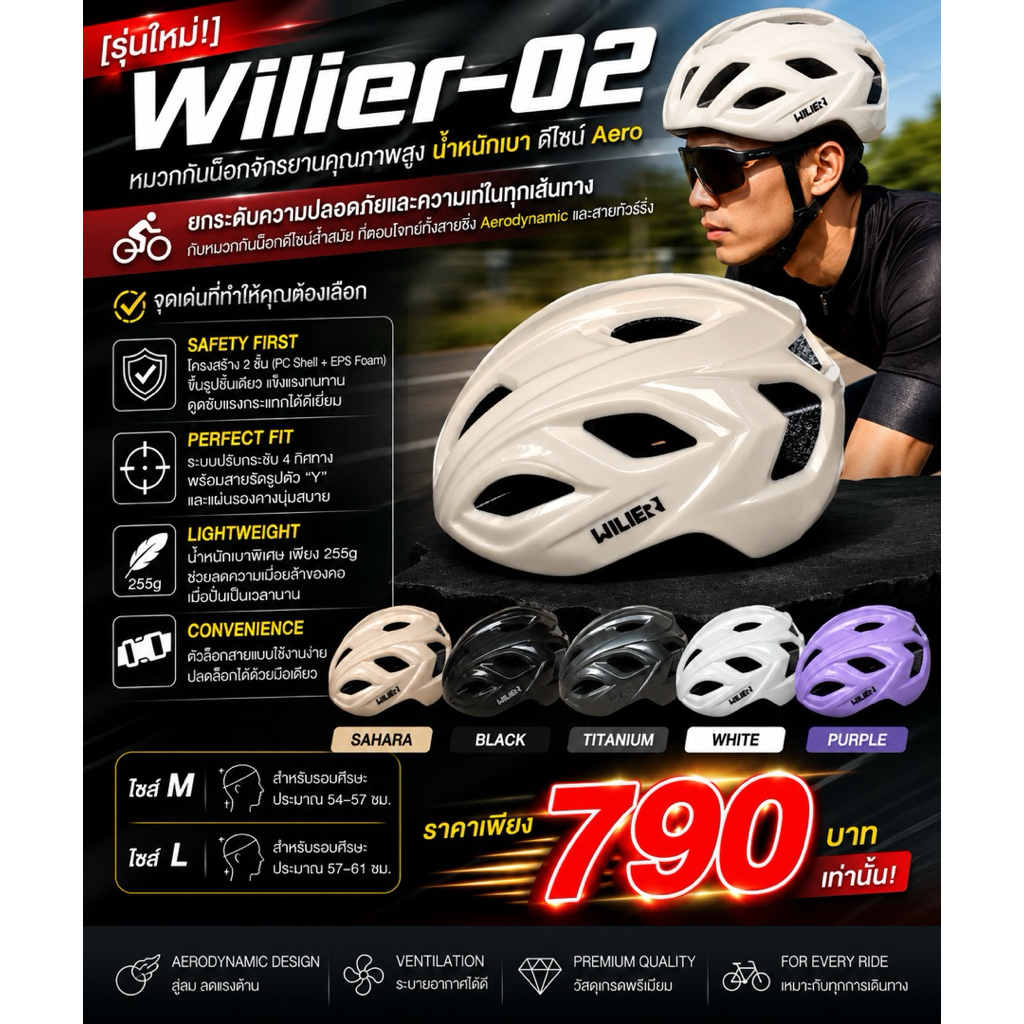 Wilier-02  หมวกกันน็อกจักรยานคุณภาพสูง น้ำหนักเบา ดีไซน์ Aero