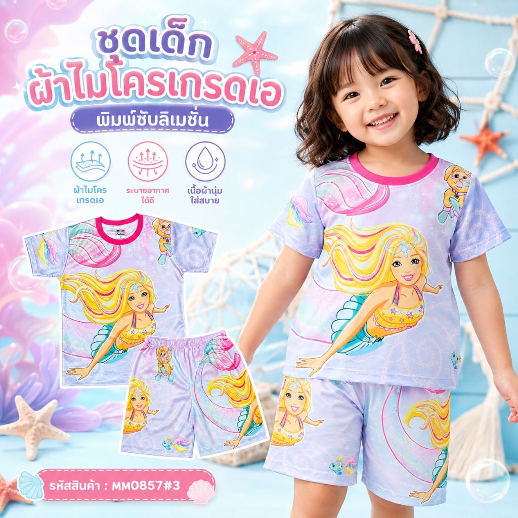 (MM0857#3) เสื้อผ้าเด็ก เสื้อแขนสั้น+กางเกงขาสั้น ลายเจ้าหญิงเงือก เมอร์เมด เนื้อผ้าไมโครเกรดA ชุดเด็กแฟชั่นลายการ์ตูน