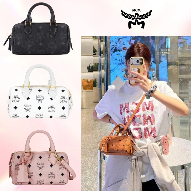 🔥 ของแท้ 100% 💖 MCM Ella กระเป๋า Boston สะพายไหล่และสะพายเฉียงและถือ พร้อมจี้ล็อคสีทอง