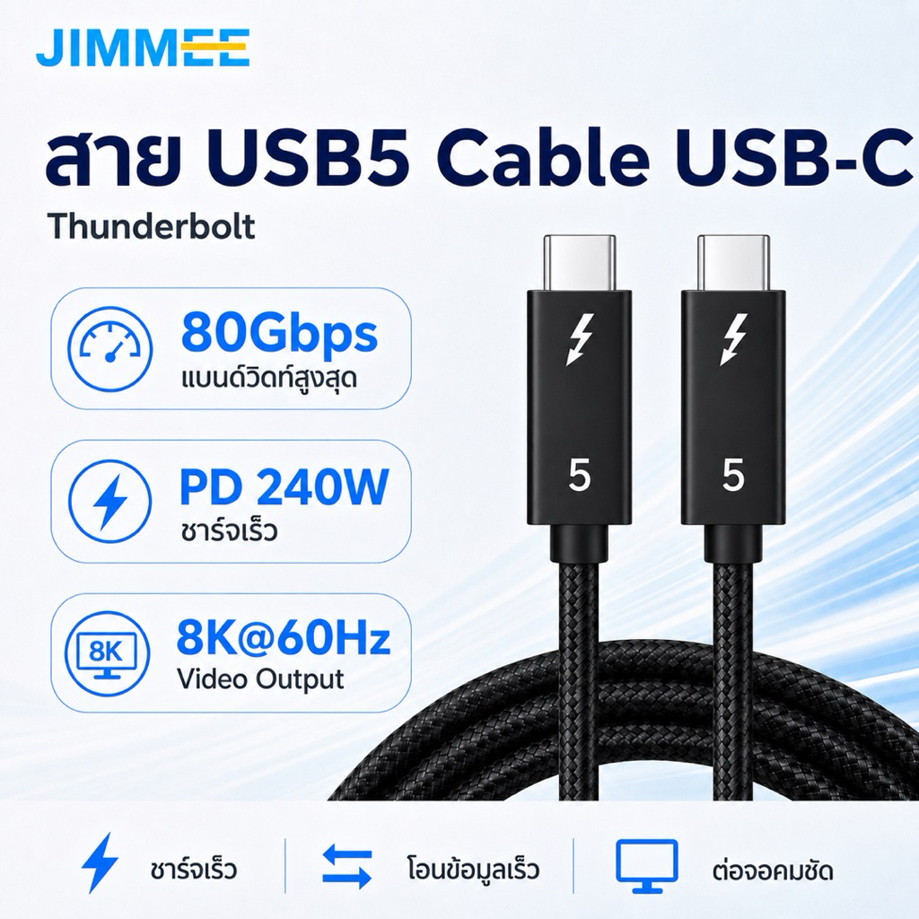 JIMMEE สายชาร์จ 240W Thunderbolt 5 USB-C Fast Charge 80Gbps รองรับ 8K60Hz สายถักไนลอน