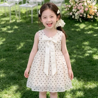 PRINCESS KESLI ชุดเดรสเด็กผู้หญิง ชุดเดรสไม่มีแขนลายจุด แต่งโบว์ใหญ่ สุดน่ารัก สำหรับปาร์ตี้วันเกิด/ไปเที่ยว 2-12 ปี