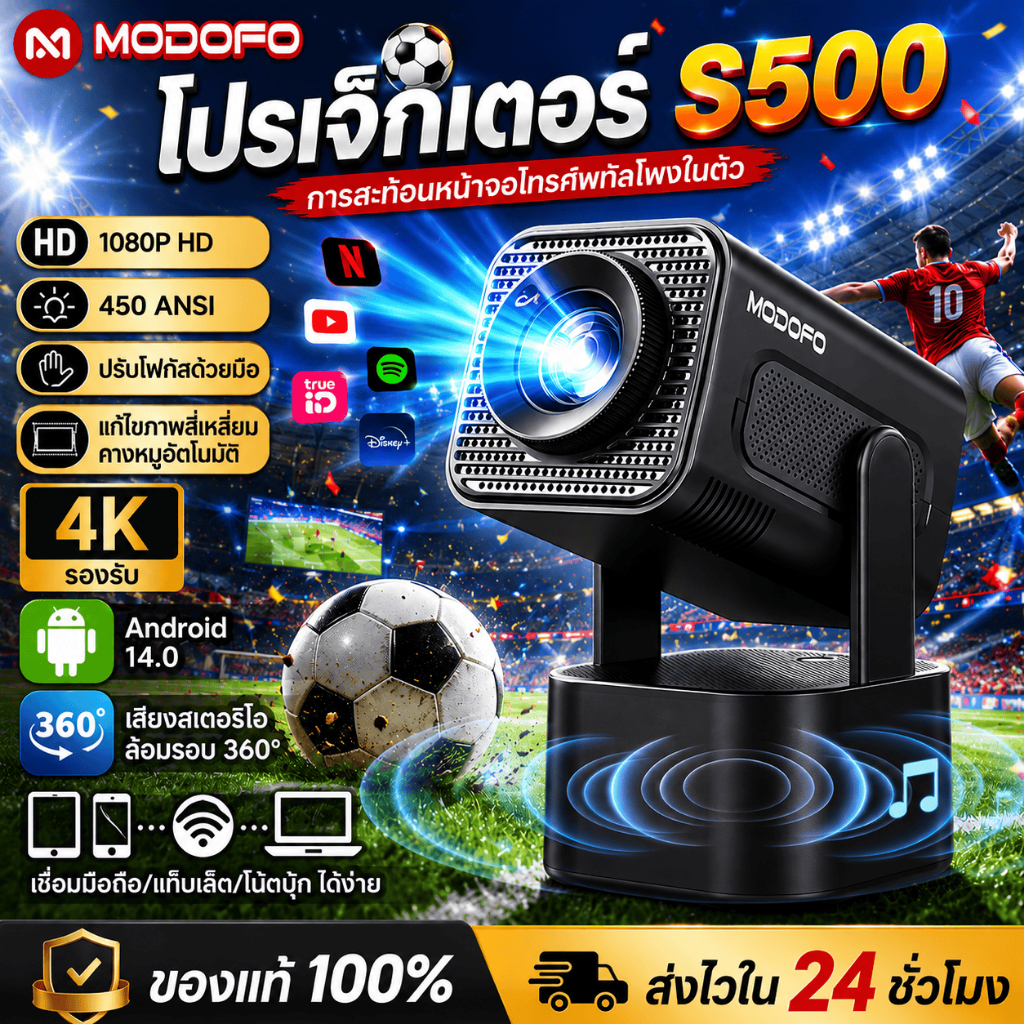MODOFOโปรเจคเตอร์พร้อมลำโพง projector4K หมุนได้ 180° Mini Projector ดูหนัง Netflix HDMI โปรเจคเตอร์พกพา