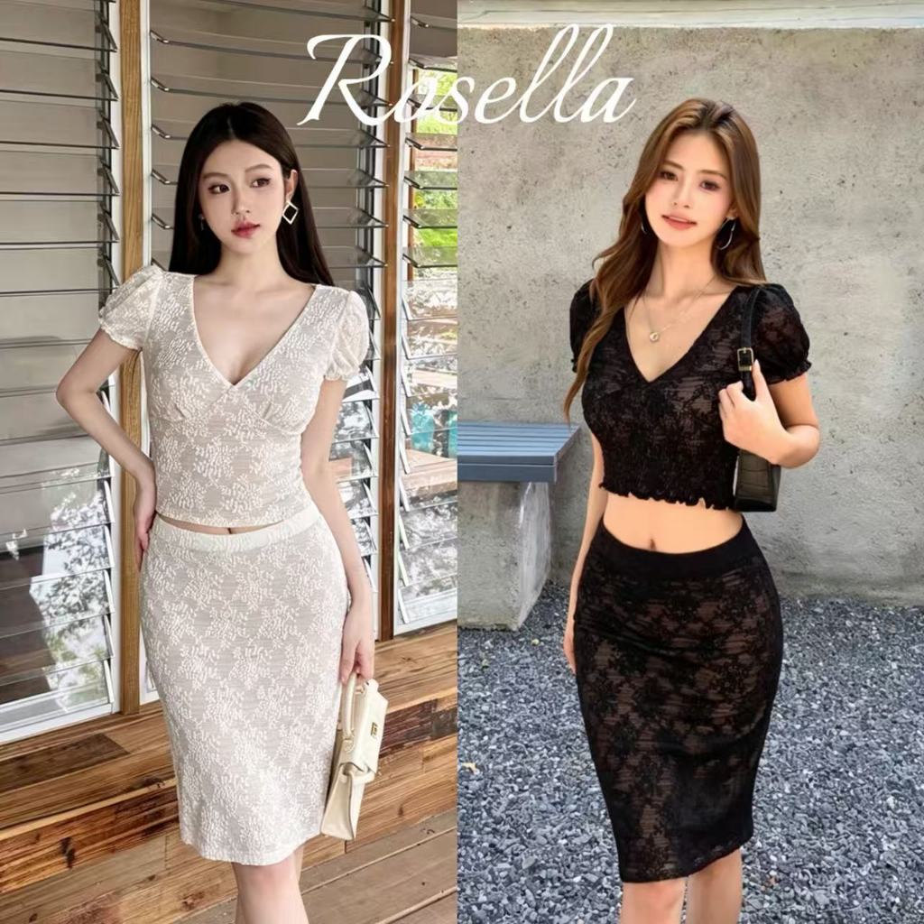Rosella【สินค้าใหม่👗】ชุดเสื้อยืดสั้นเข้ารูปคอวีผ้าลูกไม้แจ็กการ์ดและกระโปรง ชุดสองชิ้นที่ดูหรูหรา