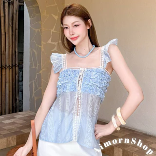 🔥aimorn_shop🔥 เสื้อระบายไหล่ แต่งลูกไม้ เป็นแค่กระดุมหน้าสวยมาก งานหรูหรา งานผ้าพริ้วใส่สบาย