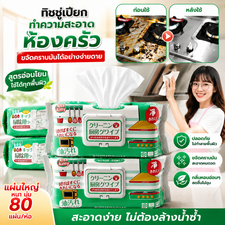 🇯🇵 นำเข้าจากญี่ปุ่น RAINIE.MALL ผ้าเช็ดทำความสะอาดครัวแบบเปียกชนิดใช้แล้วทิ้ง 80 แผ่นต่อแพ็ค กลิ่นเลมอน ล้างคราบมันเร็ว