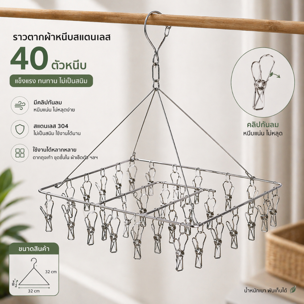 ส่งฟรี ที่หนีบผ้าสแตนเลส 20 ตัว พวงตากผ้า หนีบผ้าแบบกลม/เหลี่ยม หนา 2.5 มม. ไม่เป็นสนิม ทนแดด ทนฝน