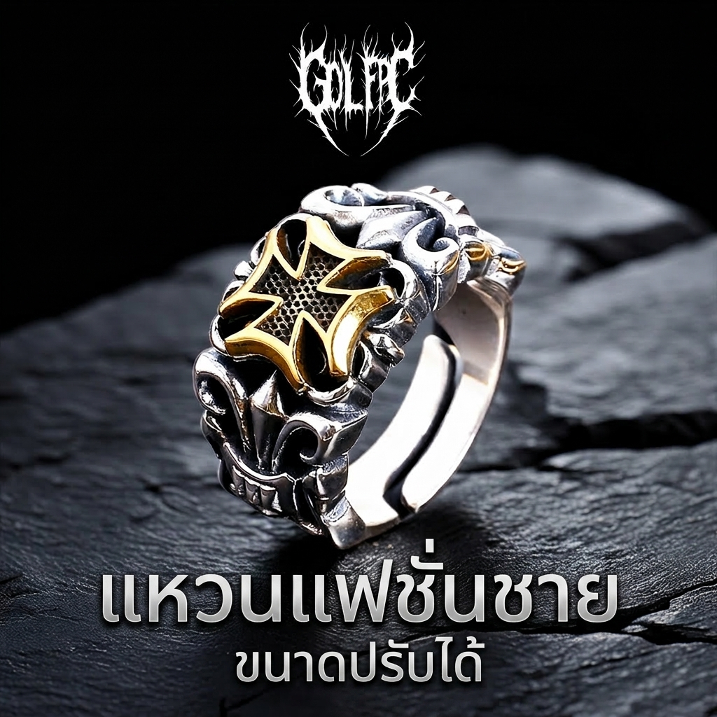 แหวนสไตล์โกธิก ลายไม้กางเขน ดูเท่ มีพลัง |【แฟชั่น】CRUXSHADE