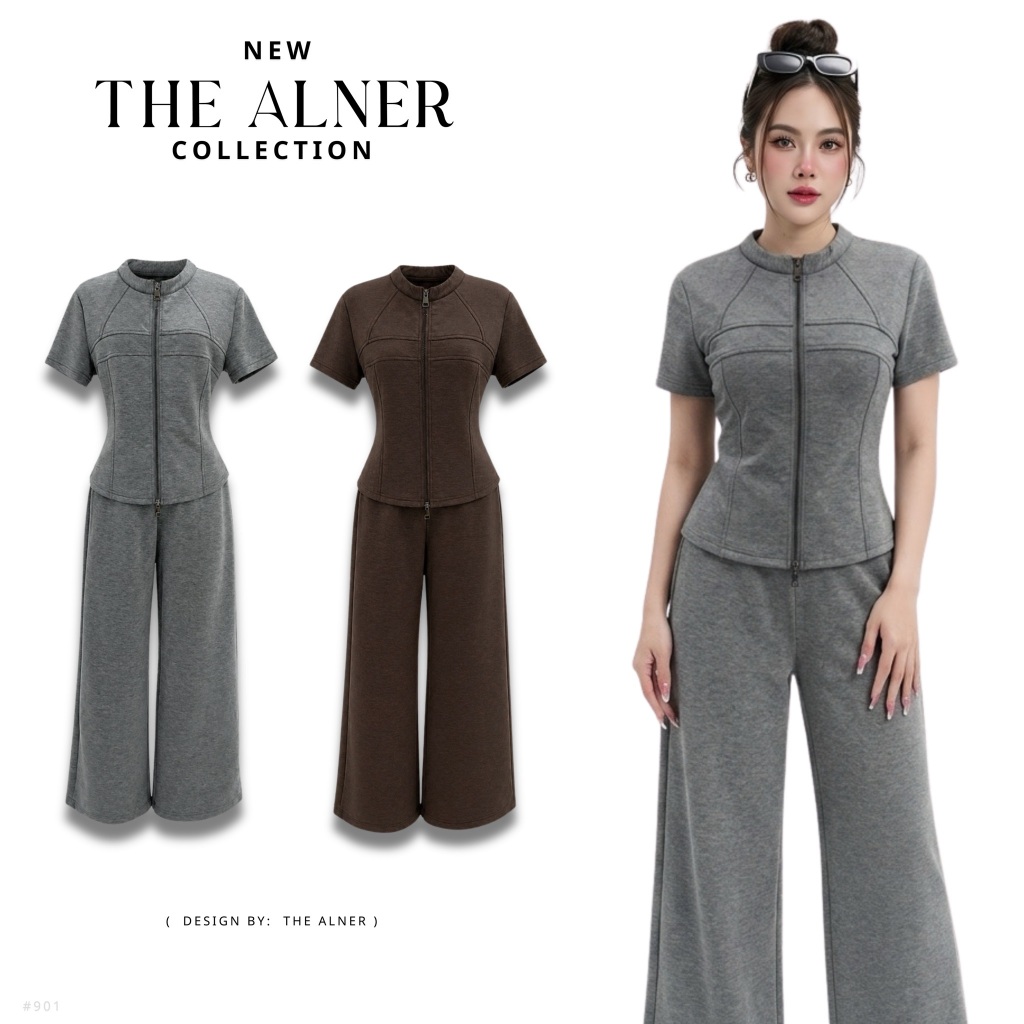 Thealner-AN091 (เซตเสื้อเว้าอกแขนสั้นแต่งกระเป๋ากางเกงขายาว)