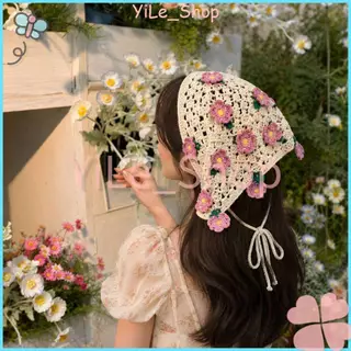 【COD พร้อมส่งจากไทย】INS ผ้าพันศีรษะถักดีไซน์พันรอบสามเหลี่ยม ลายดอกไม้ น่ารัก ใส่ถ่ายรูปทะเล ไอเท็มแฟชั่นผู้หญิง Y2K
