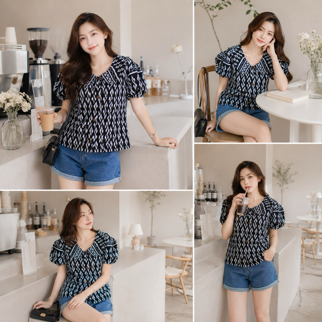 ชุดสีดำเสื้อคอบัว+กางเกงขายาว ผ้าฝ้าย