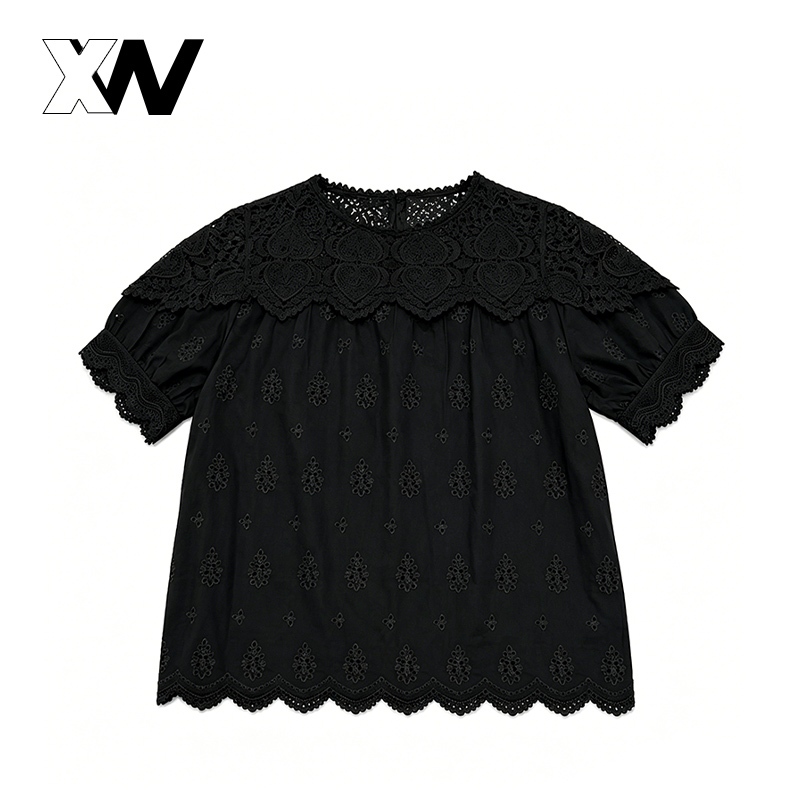 XWbrand  เสื้อแขนสั้นรุ่นใหม่ แฟชั่นฤดูร้อน สไตล์ย้อนยุค ลูกไม้ ทรงหลวม คอกลม แบบสวมหัว สไตล์ฝรั่งเศส น่ารัก อ่อนหวาน
