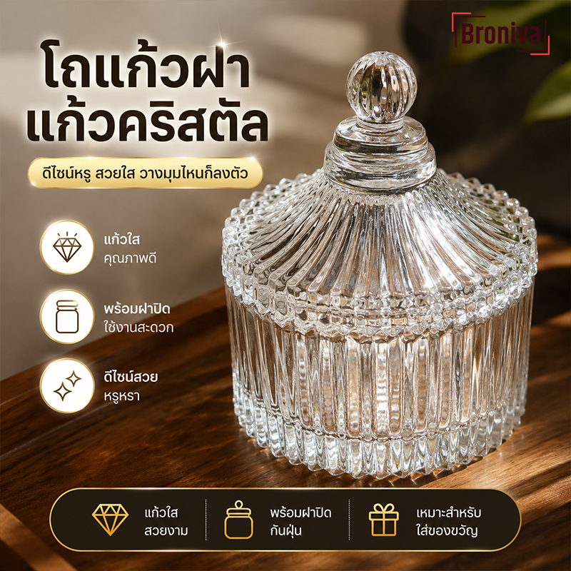 โถแก้วฝาปิด กระปุกแก้ว กระปุกแก้วคริสตัลพร้อมฝาปิด ทนทาน ใช้งานได้หลากหลาย