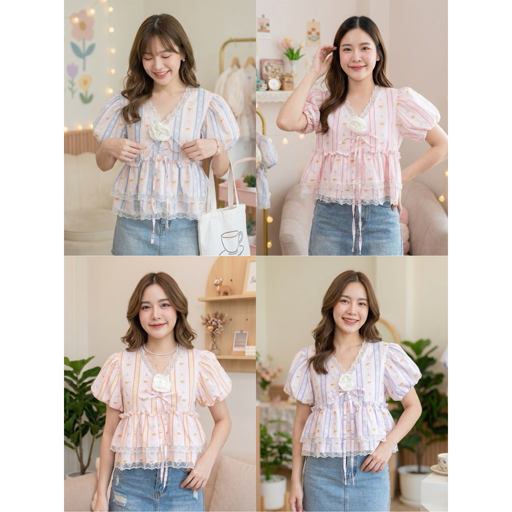 เสื้อคอ V แขนบลอลลูนเย็บ 2 ชั้น ทรงระบายน่ารักมาก ผ้าพิมพ์ลาย