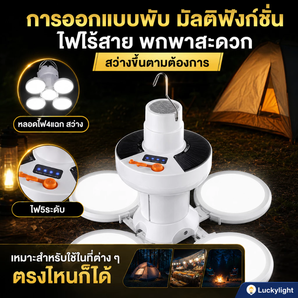 【ซื้อ 1 แถม 1】 หลอดไฟโซล่าเซลล์ ปรับได้ 5 โหมด หลอดไฟตุ้ม Solar Light หลอดไฟพกพา ไฟแคมป์ปิ้ง thumbnail 10