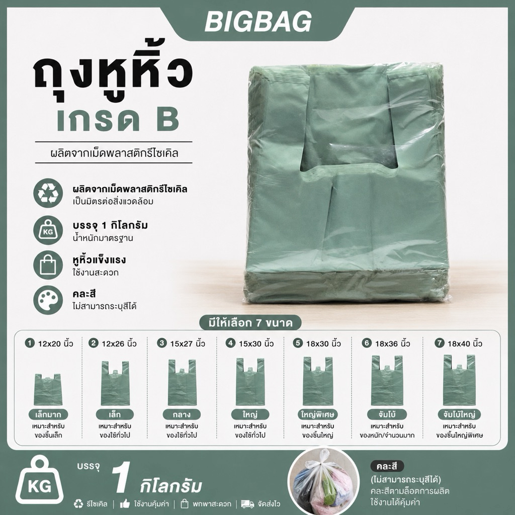 ถุงหูหิ้ว เกรด B ผลิตจากเม็ดพลาสติกรีไซเคิล บรรจุ 1 กิโลกรัม (คละสี ไม่สามารถระบุสีได้)
