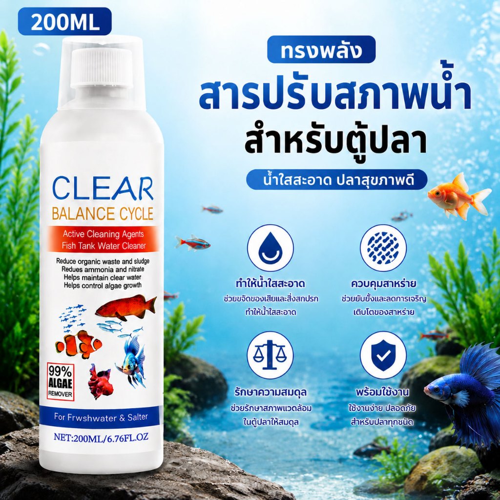 จุลินทรีย์บำบัดน้ำ 200ml สำหรับตู้ปลา บ่อปลา ย่อยของเสีย ลดตะไคร่ ลดกลิ่น น้ำใส ปลอดภัยต่อปลาทุกชนิด
