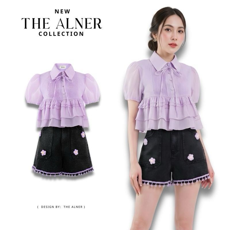 Thealner-AN013 (เซตเสื้อม่วงแขนตุ๊กตากางเกงยีนส์ขาสั้น)