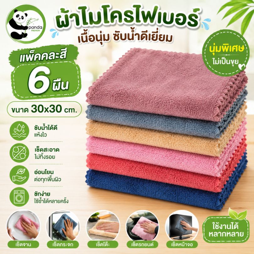 ผ้า​เช็ดหน้าขนเป็ด ซับน้ำดี เนื้อนุ่ม​ ขนาด 30x30cm. (แพ็ค 6 ผืน)ผ้าไมโครไฟเบอร์ ซับน้ำดีมาก ซํกง่าย ไม่เป็นขุย