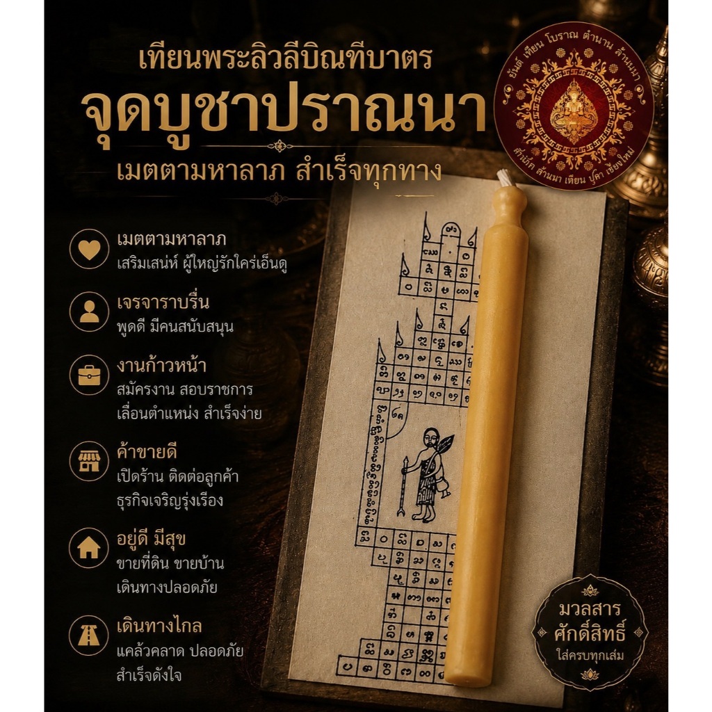 เทียนพระสีวลีล้านนา วัตถุมงคล ใส่ว่านมงคล ปลุกเสก เสริมโชคลาภ ค้าขายรุ่งเรือง เงินทองไหลมา แถมคาถา+วิธีจุด