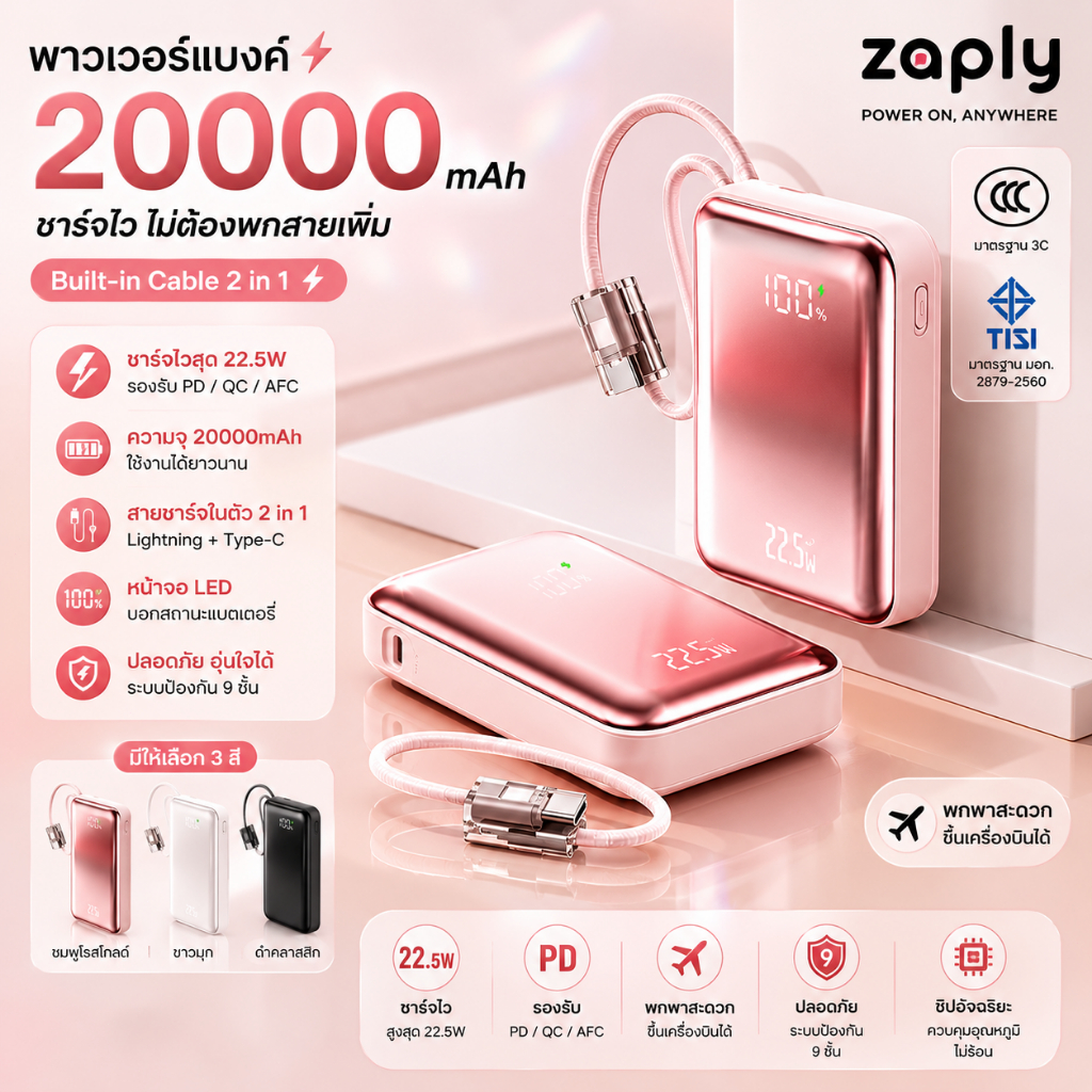 LiBRA Q72 PowerBank 20000mAh มาพร้อมสายชาร์จเร็ว Lightning+Type-C ชาร์จเร็ว PD 22.5W ขนาดกะทัดรัด พก