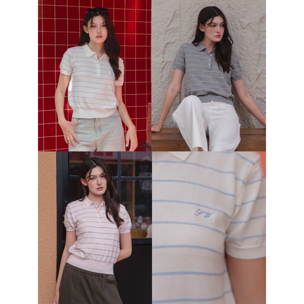 Sumwear.bkk - Candle stripe to เสื้อโปโลไหมพรมทอเส้นลายทางแบบนูน