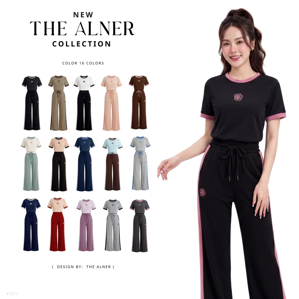 Thealner - Camellia mode  AN351  (เซตเสื้อขาวแต่งแถบดำปักดอก กางเกงวอมขายาว)
