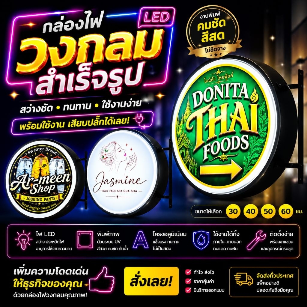 ป้ายไฟวงกลม ทนแดดทนฝน สว่างเด่น พร้อมงานพิมพ์เคลือบกันยูวี ⏩⏩ส่งไฟล์สรุปก่อนสั่ง​ซื้อนะคับ