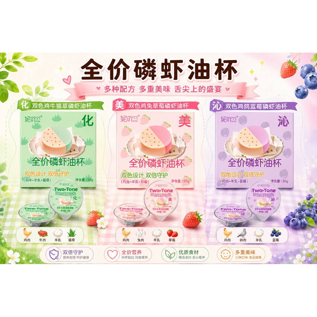 NiYa - Krill Oil Duo Cup Series อาหารแมวมื้อหลักถ้วยคู่บำรุงขน อร่อยครบทุกมื้อ 55g/ถ้วย