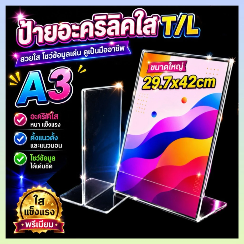 ป้ายA3 29.7x42cm อะคริลิคใสตั้งโต๊ะพร้อมส่งทุกแบบ ขนาดใหญ่ (ใส่A3ได้พอดี)