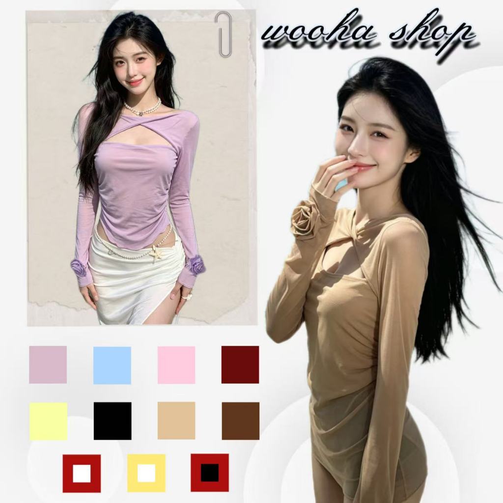 🥰wooha shop🥝เสื้อตัวนี้มีดีไซน์คอต่ำแบบโปร่ง ทำจากผ้าตาข่าย มีเอวเข้ารูปเซ็กซี่ และไหล่ตั้งตรง