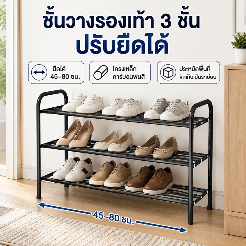 [ปรับความยาวได้]ชั้นวางรองเท้า ชั้นรองเท้า ที่วางรองเท้า ยืดได้ 3 ชั้น 45-80CM โครงเหล็กพ่นสี สีดำ ประหยัดพื้นที่