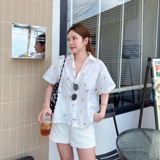 SUNFLOWER SHIRT เสื้อเชิ้ตผู้หญิงโอเวอร์ไซส์แขนสั้น ใส่เที่ยว ใส่ทำงาน ผ้าคอตตอน งานปักแน่นละเอียด ใส่สบาย