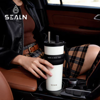SEALN(710ml/24oz)แก้วเก็บความเย็นสแตนเลส เก็บความร้อนและเย็นได้ เคลือบเซรามิกภายใน มาพร้อมหูจับและหลอดดูดน้ำ