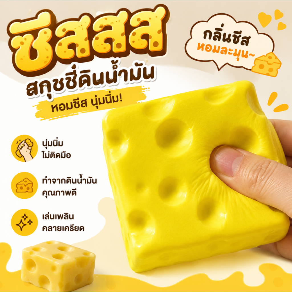 Cheese Cube Squishy ของเล่นคลาย ดินน้ำมันเนื้อนุ่ม สี่เหลี่ยม Cheese Fidget ของเล่น  ของเล่นสบาย 7 ซม. ช่วยคลายเครียด