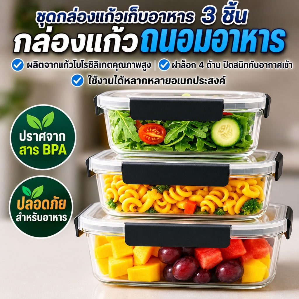 กล่องแก้วถนอมอาหาร 3 ชิ้น 3 ขนาด 2 แบบ ทรงกลม/สี่เหลี่ยม ฝาล็อก 4 ด้าน เข้าไมโครเวฟได้ ปลอดสาร BPA Free ปลอดภัยเก็บอาหาร