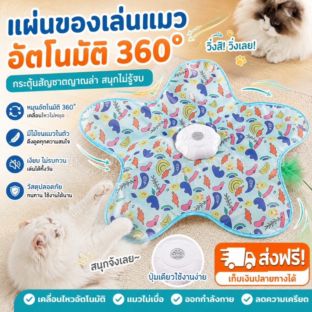 ของเล่นแมวอัตโนมัติ 360° แผ่นล่อแมว หมุนอัตโนมัติ มีขนนก USB Type-C ชาร์จได้ ของเล่นแมวในบ้าน