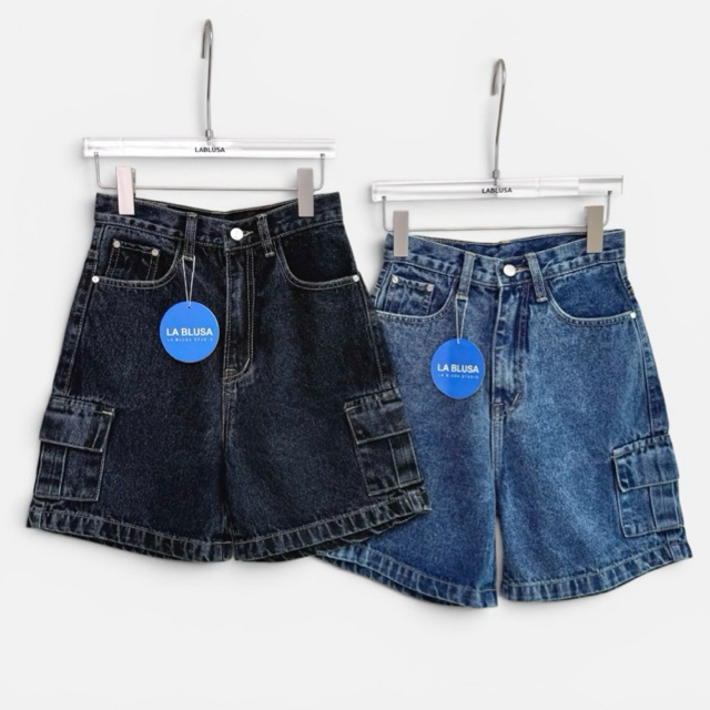 LABLUSA - LBS110 : กางเกงขาสั้นคาร์โก้สีดำมิดไนท์ผ้าไม่ยืด(Unisex)