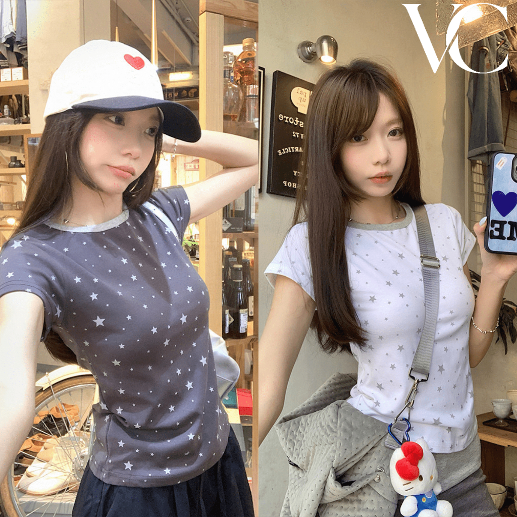 เสื้อยืดครอปอเมริกันวินเทจ ลายจุด Polka Dot ทรงเข้ารูป ผ้านุ่มยืดหยุ่น สไตล์สาวหวานแฟชั่น  Z13