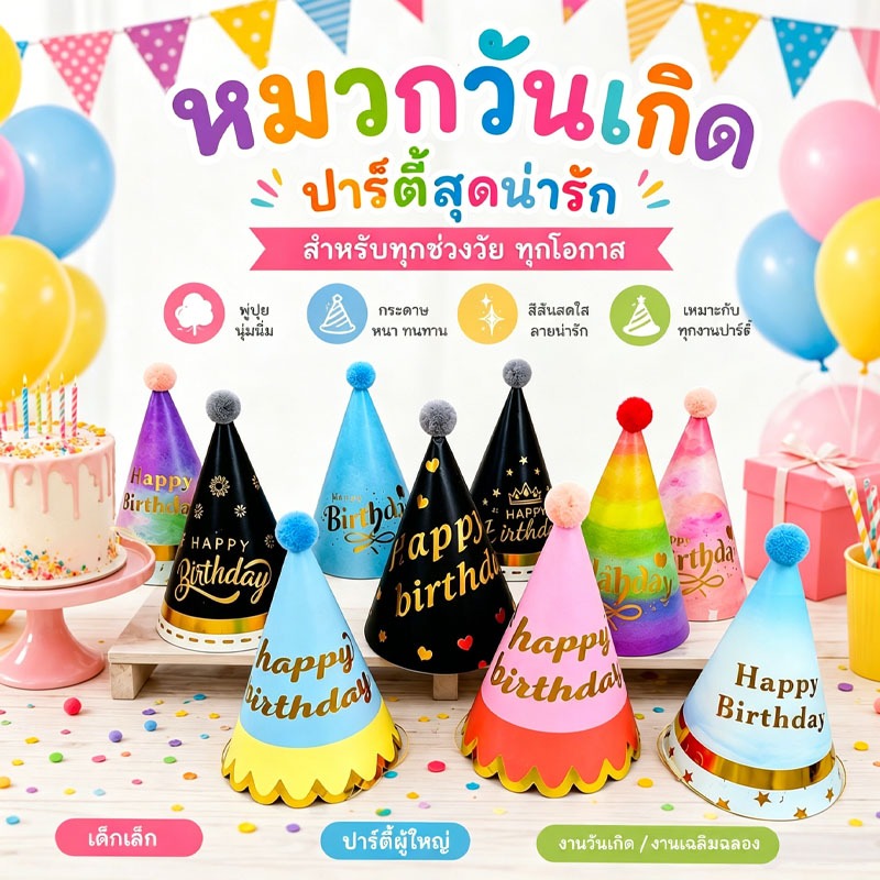 ส่งจากกรุงเทพ หมวกวันเกิดปอมปอมหลายสี หมวกปาร์ตี้วันเกิดเด็กผู้ใหญ่ ตกแต่งปาร์ตี้เบิร์ธเดย์