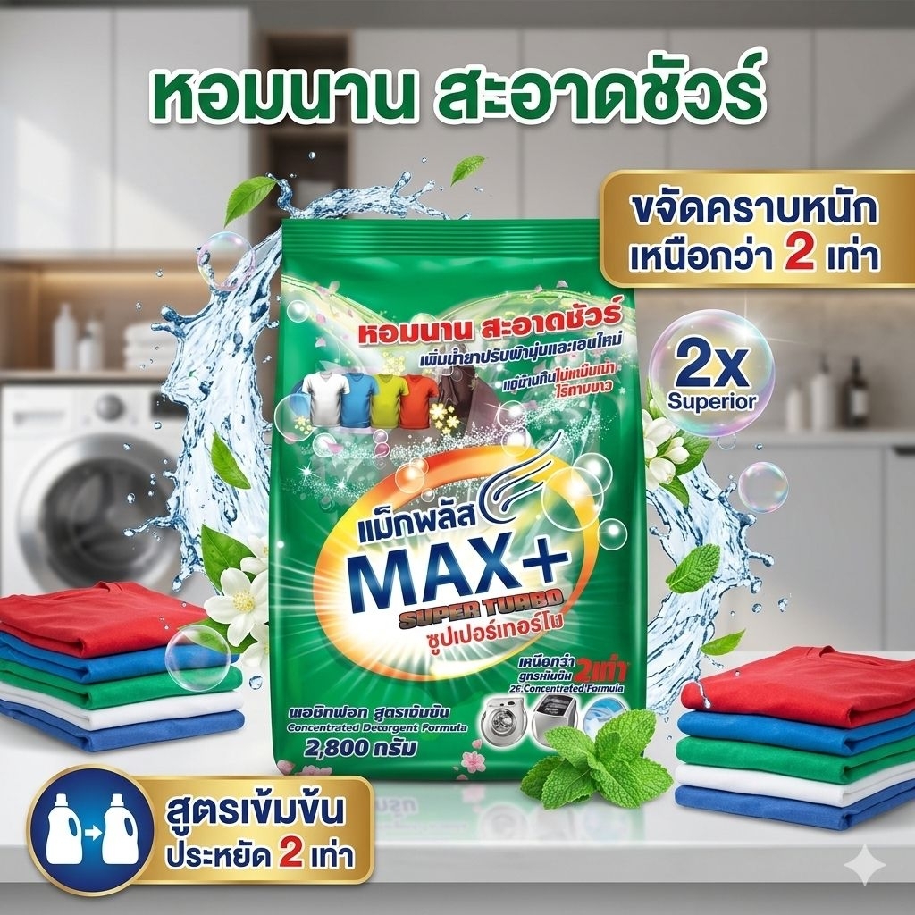แม็กพลัส ซูเปอร์เทอร์โบ (MAX+ SUPER TURBO) – ผงซักฟอกสูตรเข้มข้น 2,800 กรัม✨ "หอมนาน สะอาดชัวร์ – ซักครั้งเดียวจบ! ✨

