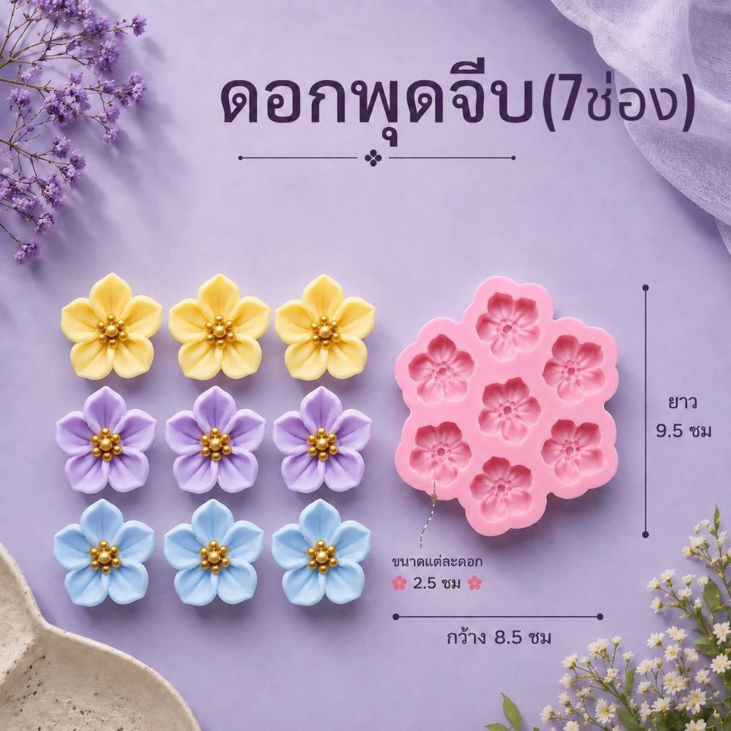แม่พิมพ์ฟองดอง สำหรับทำขนม วุ้น เค้ก ช็อกโกแลต ขนมต่างๆ รูป ดอกพุดจีบ(7ช่อง)