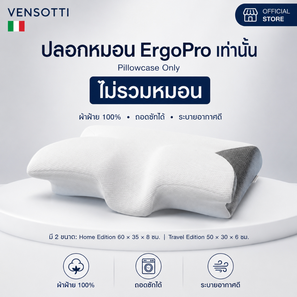 [เฉพาะปลอกหมอน ไม่รวมหมอน] VENSOTTI ErgoPro ปลอกหมอนผ้าฝ้าย 100% ถอดซักได้ ระบายอากาศดี นุ่มสบาย มี 2 ขนาด