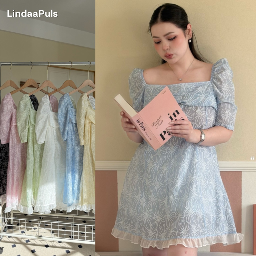 LindaaPlus-- มินิเดรสผ้าลูกไม้สาวอวบอ้วน 🍃🌷*งานจริงมีซับในให้นะคะ*คอเหลี่ยม แขนทรงกึ่งตุ๊กตา มีโบว์ช่วงอก ผ้าเบา ใส่สบาย