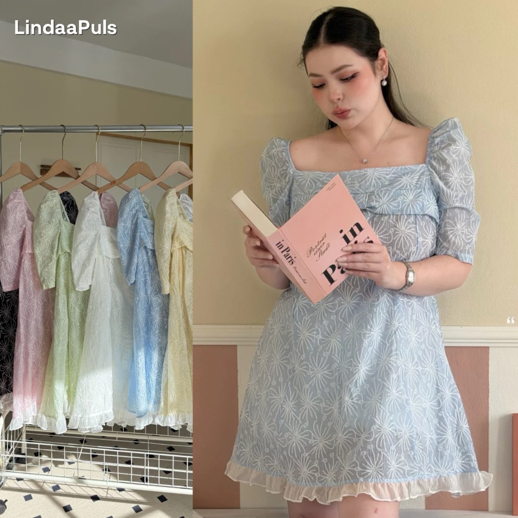 LindaaPlus-- มินิเดรสผ้าลูกไม้สาวอวบอ้วน 🍃🌷*งานจริงมีซับในให้นะคะ*คอเหลี่ยม แขนทรงกึ่งตุ๊กตา มีโบว์ช่วงอก ผ้าเบา ใส่สบาย
