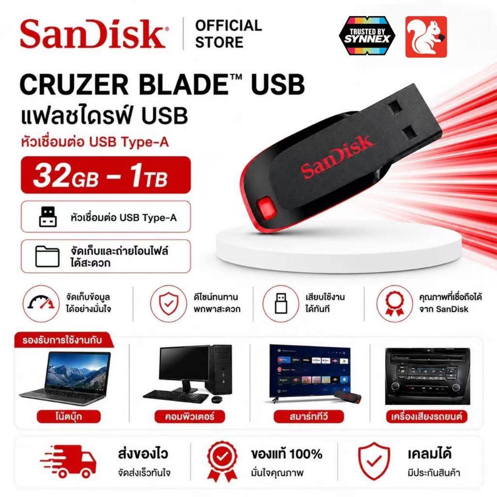 32GB/64GB/128GB FLASH DRIVE (แฟลชไดร์ฟ) SANDISK CRUZER BLADE (SDCZ50-032G-B35)